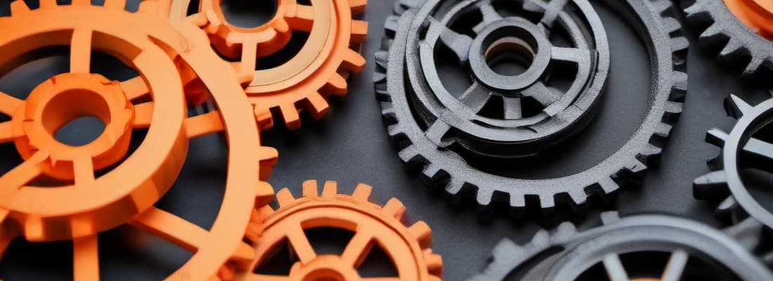 3D-printed gears in orange and grey PLA, meshed together