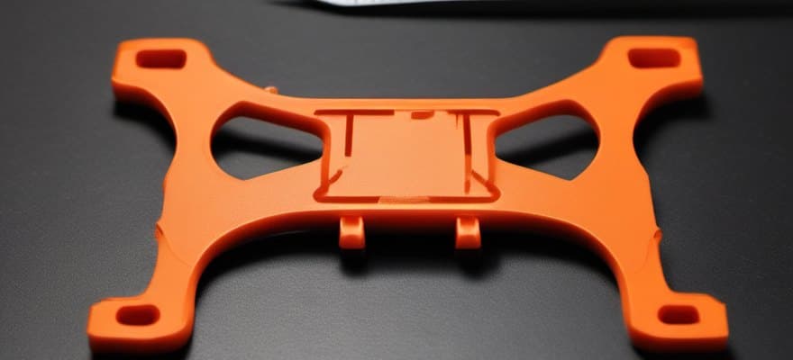 Soporte mecánico impreso en 3D en PLA naranja junto a un calibre